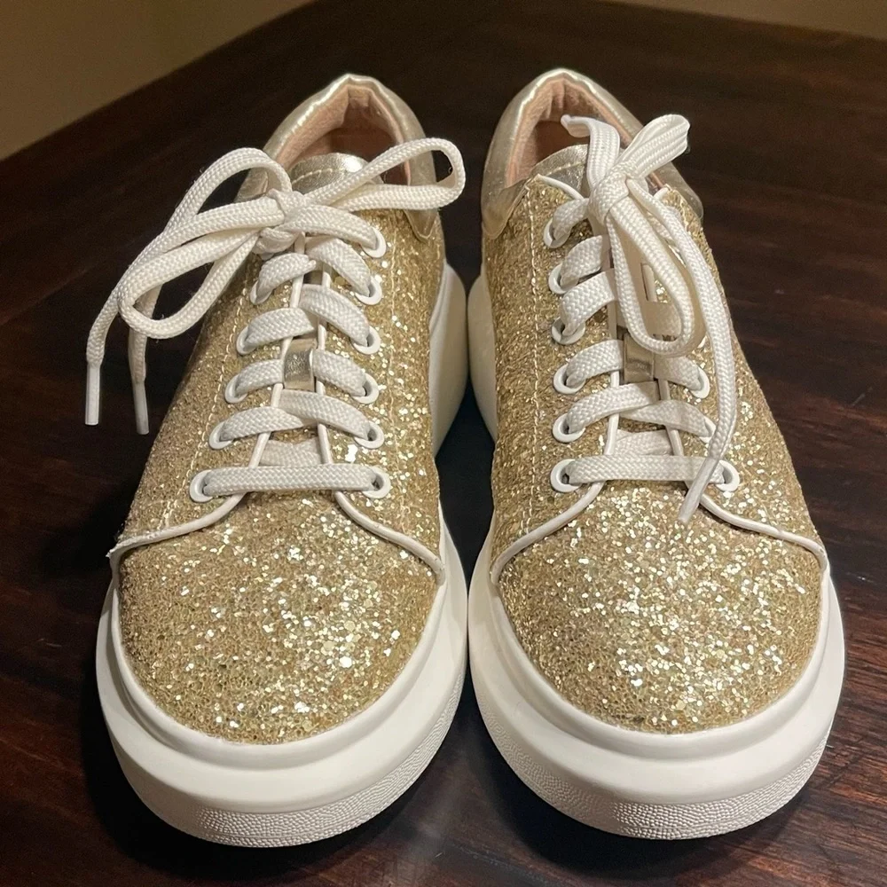 Línea Paola Kelsey Playful Lace-Up Platform Tennis Shoes PU Gold Glitter - Picture 10 of 16